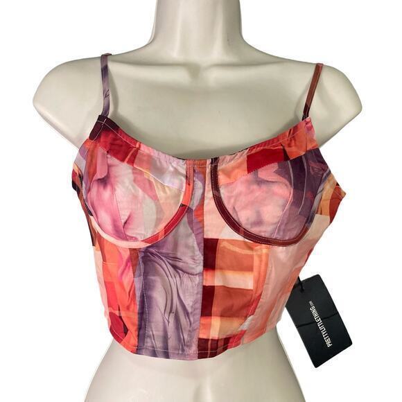 PrettyLittleThing Orange Geometric Print Strappy Corset Top Size‎ M - Picture 1 of 8